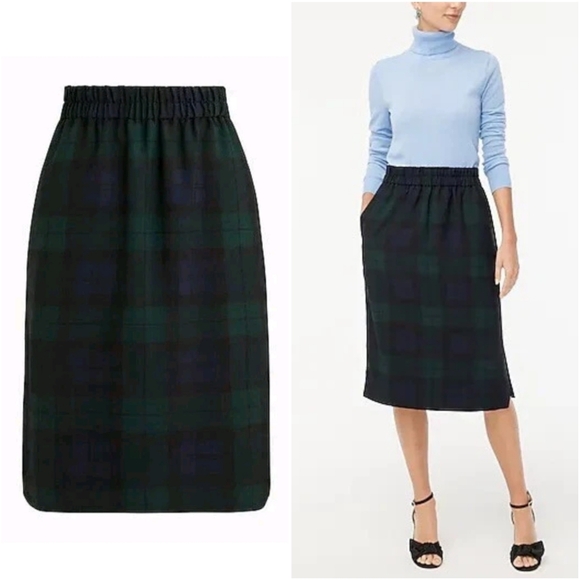 J.Crew Blackwatch Plaid Midi Skirt Pull On Elastic Waist Pockets L - Picture 3 of 13